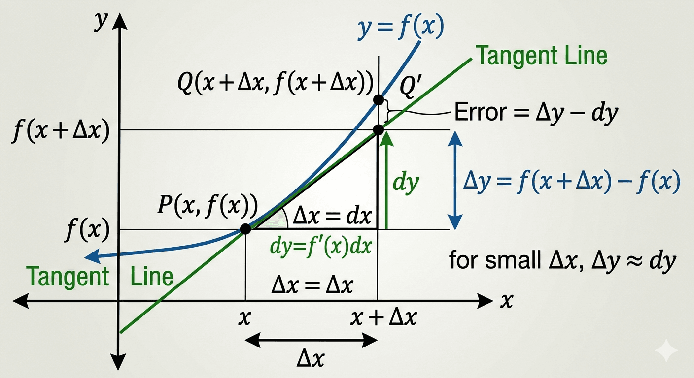 Tangent line approximation diagram explaining dx, dy, and delta x